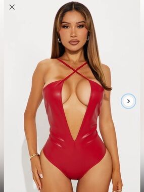Fashion Nova Red Plunge Faux Leather Bodysuit